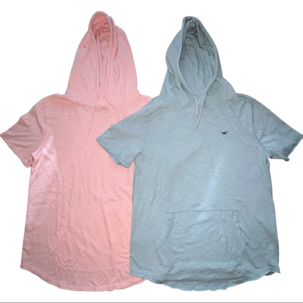 Pink and Blue (2) Hollister Raw Edge Short Sleeve Pullover Hoodies